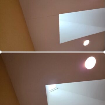 Pearl Painters in Portland repaired a cracked skylight ceiling; before shows crack, after shows smooth, painted surface.