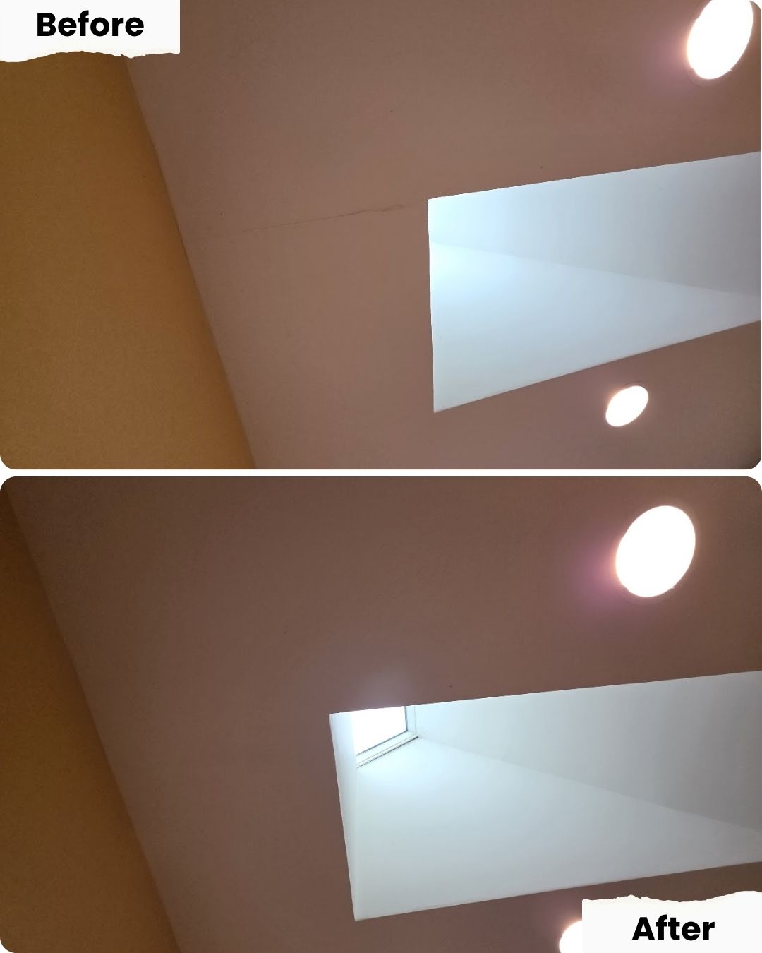 Pearl Painters in Portland repaired a cracked skylight ceiling; before shows crack, after shows smooth, painted surface.