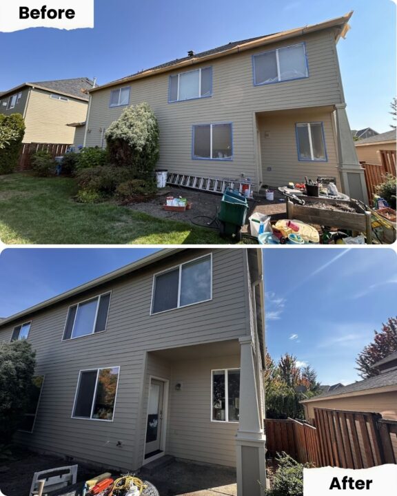 Before and after of Portland house; Pearl Painters cleaned yard, trimmed bushes, and improved exterior appearance.