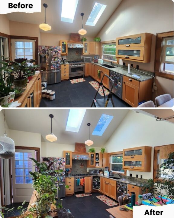 Before and after kitchen images by Pearl Painters in Portland show more plants and fewer magnets or small items after painting.