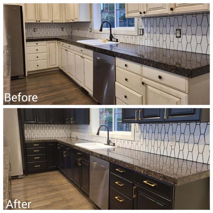 Before and after pictures of a modern kitchen cabinet makeover in Tigard.