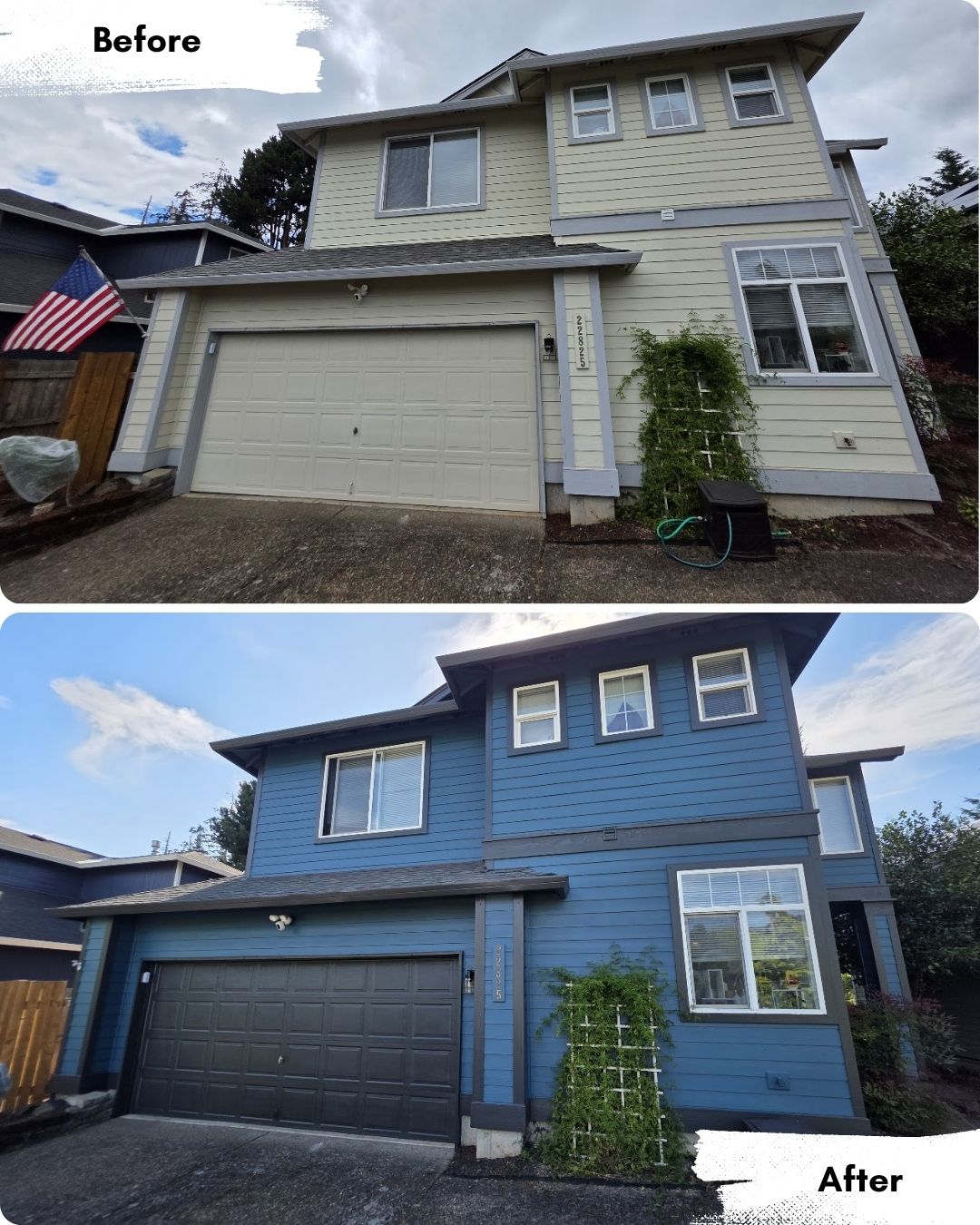 Pearl Painters exterior house painting in Portland, showing a transition from light yellow to blue siding with dark gray trim.