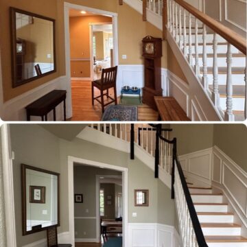 Before and after of staircase painted gray-green with black railing by Pearl Painters, Portland; furniture and décor rearranged.