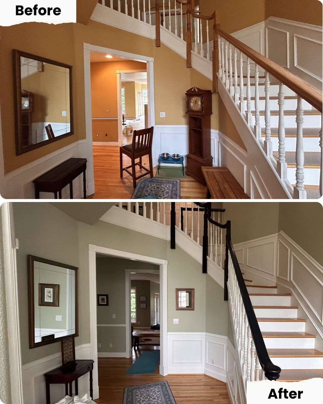 Before and after of staircase painted gray-green with black railing by Pearl Painters, Portland; furniture and décor rearranged.