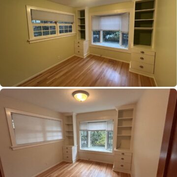 Before and after photos show Pearl Painters in Portland painting a small room from yellow walls and green shelves to all white.