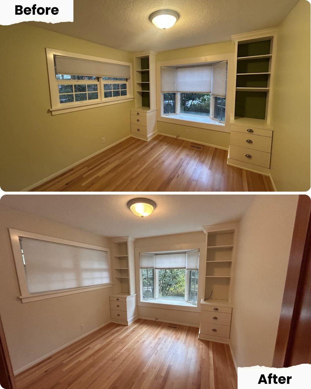 Before and after photos show Pearl Painters in Portland painting a small room from yellow walls and green shelves to all white.