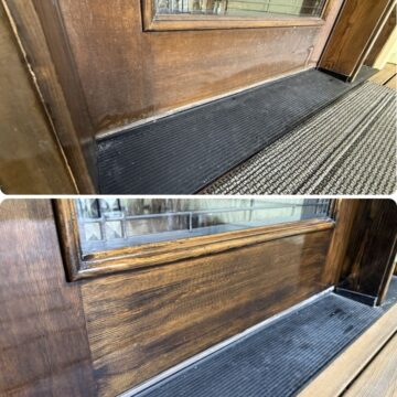 Before and after photos show Pearl Painters in Portland cleaning and painting a wooden door frame for a polished look.