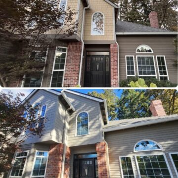 Before-and-after photos of a house painted gray by Pearl Painters, Portland; shows beige siding changed to uniform gray.