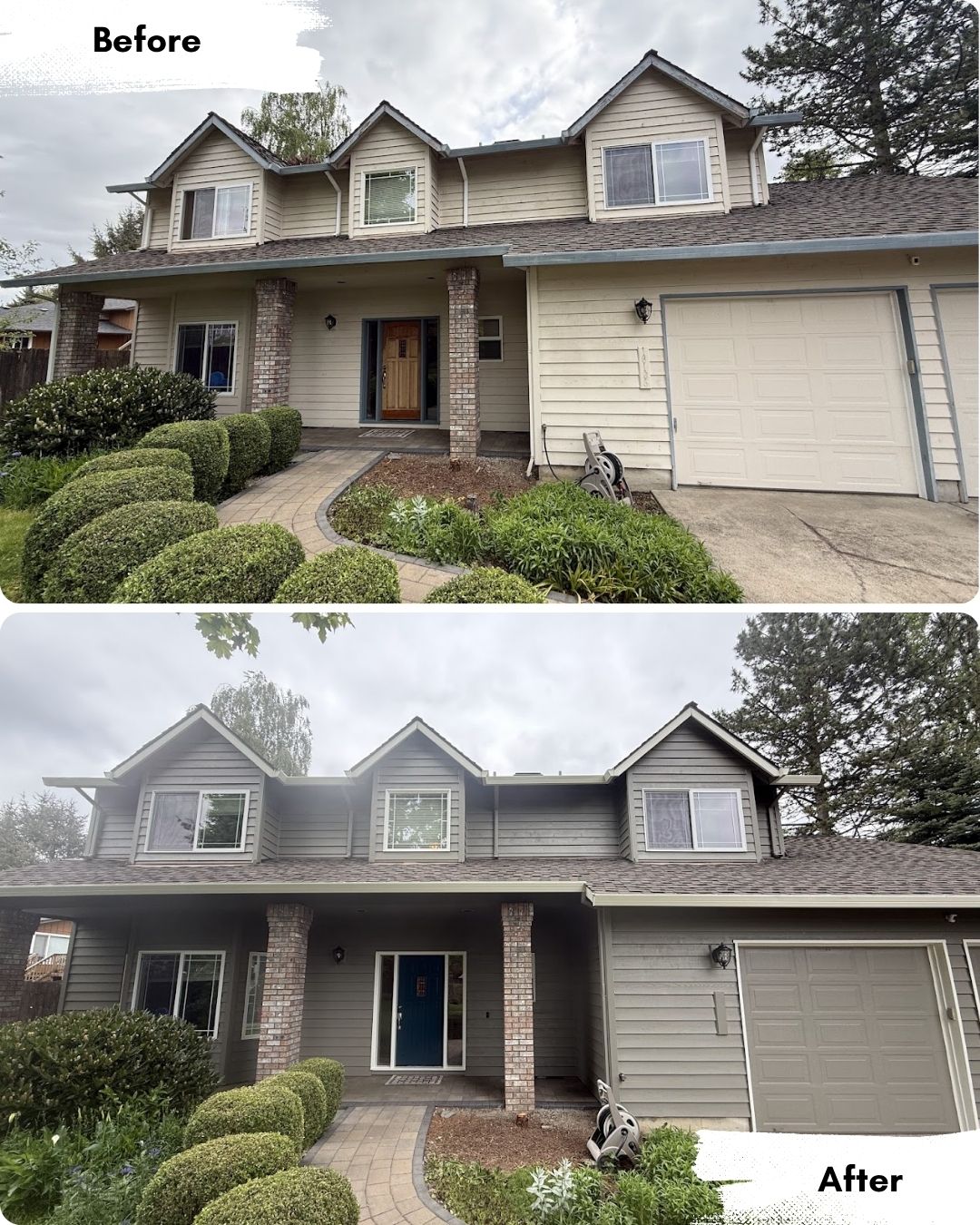 Before and after photos of a suburban Portland home with new windows, fresh painting by Pearl Painters, and updated landscaping.