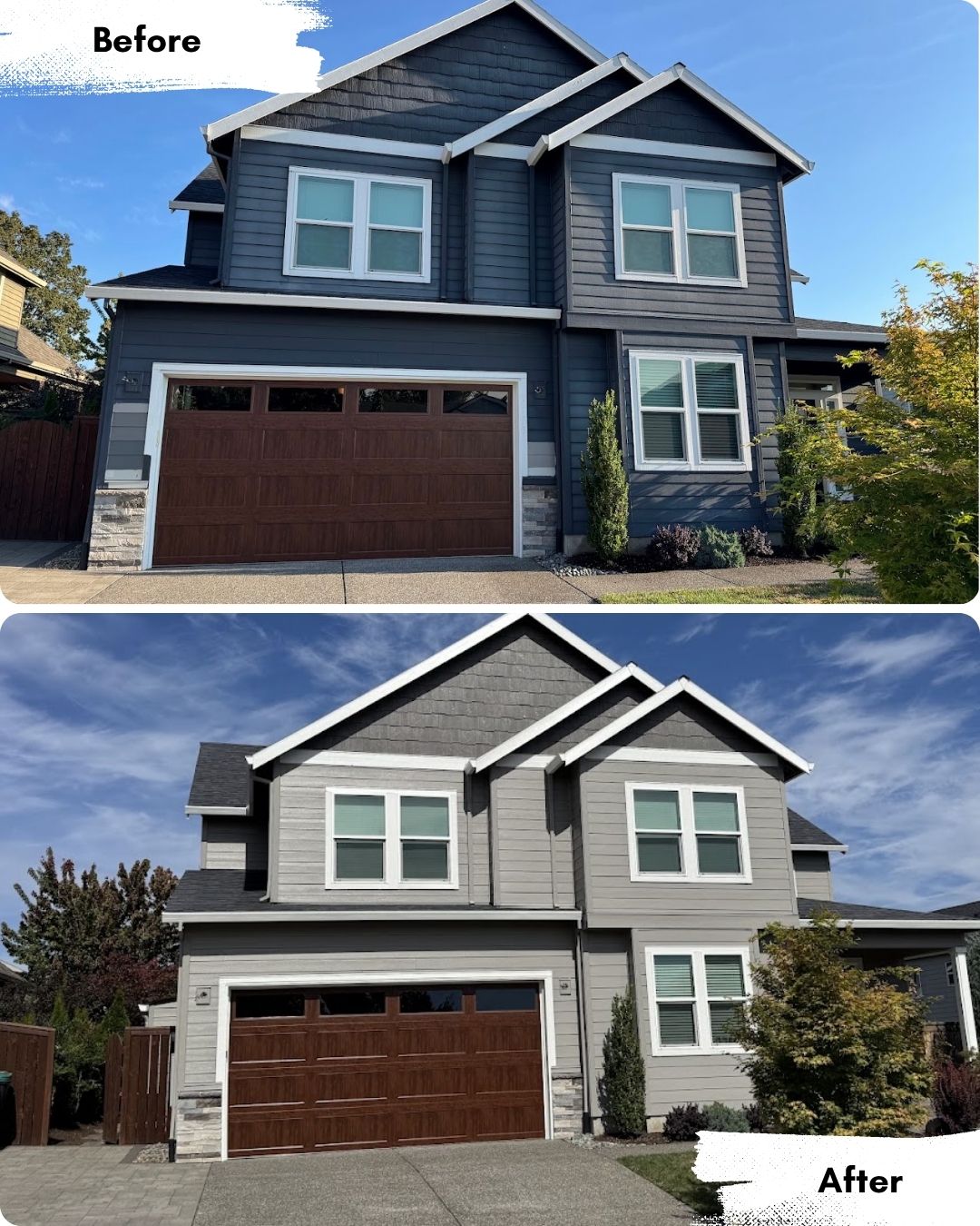 Before and after photos of a two-story house exterior, showing siding repainted from dark blue to light gray by Pearl Painters in Portland.