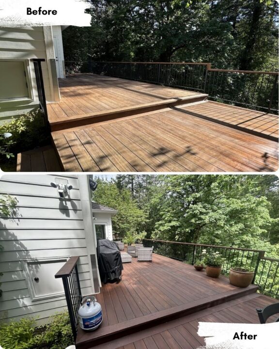 Before-and-after photos of a deck cleaned and painted by Pearl Painters in Portland; after shows darker wood, furniture, plants.