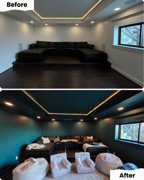 Room with black sectional before; after, Pearl Painters in Portland added teal walls, rug, bean bags, chairs, and toys.