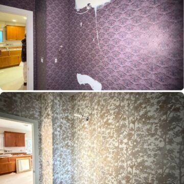 Portland painter from Pearl Painters replaced damaged purple wallpaper with beige-gray tree pattern; kitchen visible in both views.