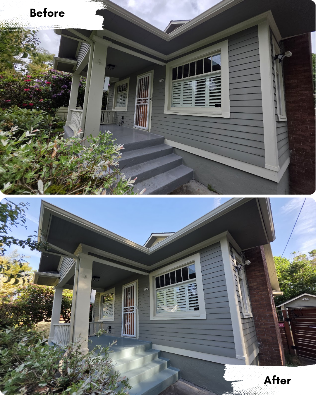 Side-by-side comparison of a house front porch in Portland, before and after painting by Pearl Painters; lower steps repainted from gray to pale blue, and siding looks brighter.