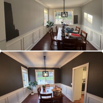 Before-and-after of a Portland dining room painted by Pearl Painters; light gray walls changed to dark gray, same furniture and decor.