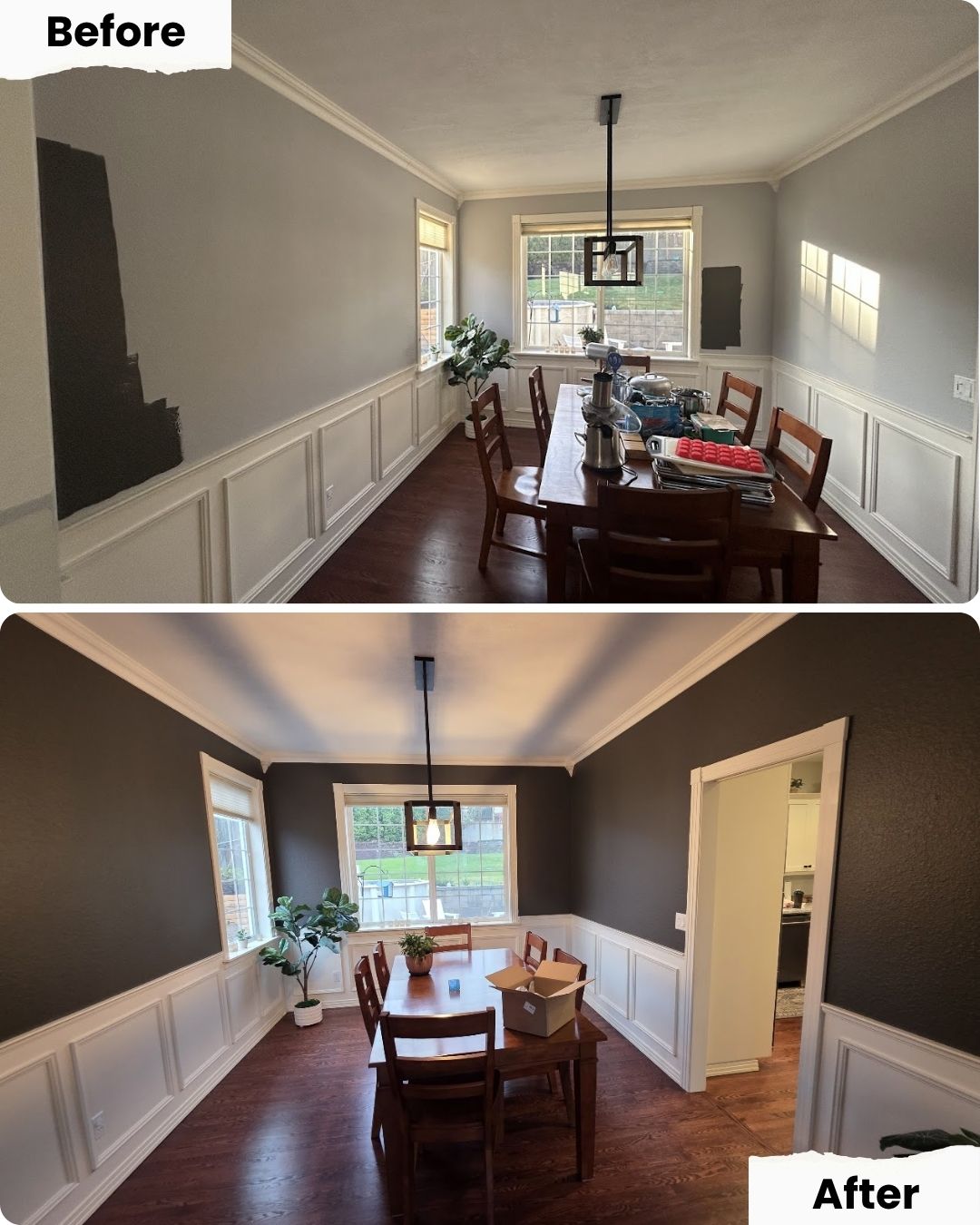 Before-and-after of a Portland dining room painted by Pearl Painters; light gray walls changed to dark gray, same furniture and decor.
