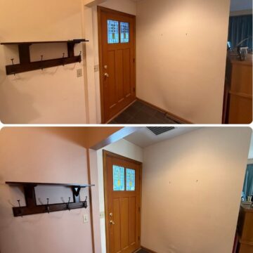 Before: coat rack crowded with items. After Pearl Painters' work in Portland, only one item remains on the rack.