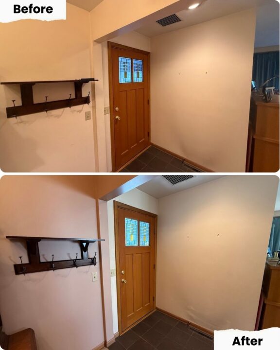 Before: coat rack crowded with items. After Pearl Painters' work in Portland, only one item remains on the rack.