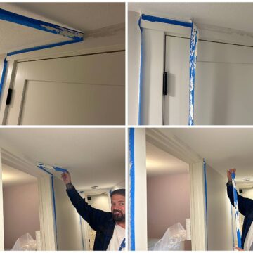 A Pearl Painters painter removes blue painter's tape from around a doorway, showing the paint coming right off with it - a result of poor painting prep.