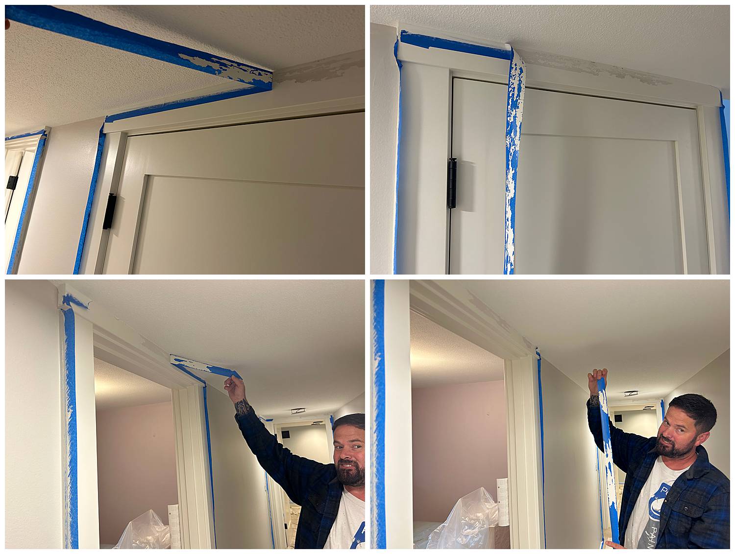 A Pearl Painters painter removes blue painter's tape from around a doorway, showing the paint coming right off with it - a result of poor painting prep.