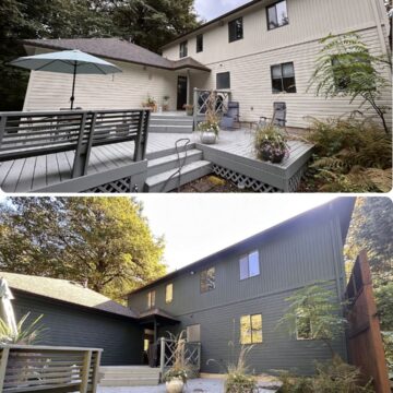 Before: beige siding. After: Pearl Painters in Portland painted the house and deck a dark green shade.