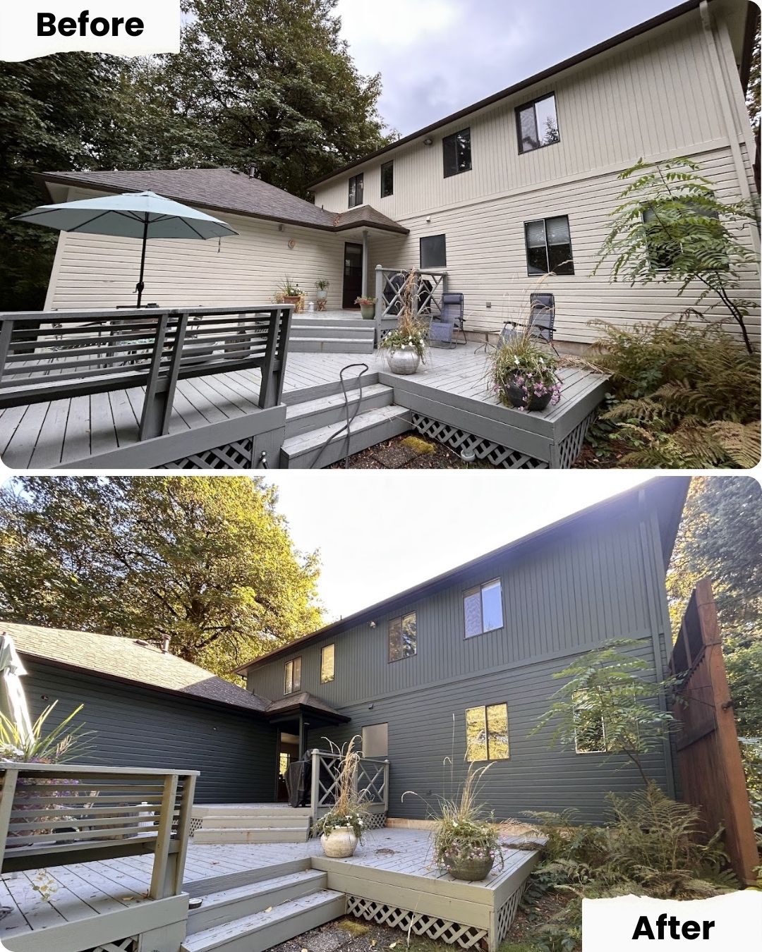 Before: beige siding. After: Pearl Painters in Portland painted the house and deck a dark green shade.