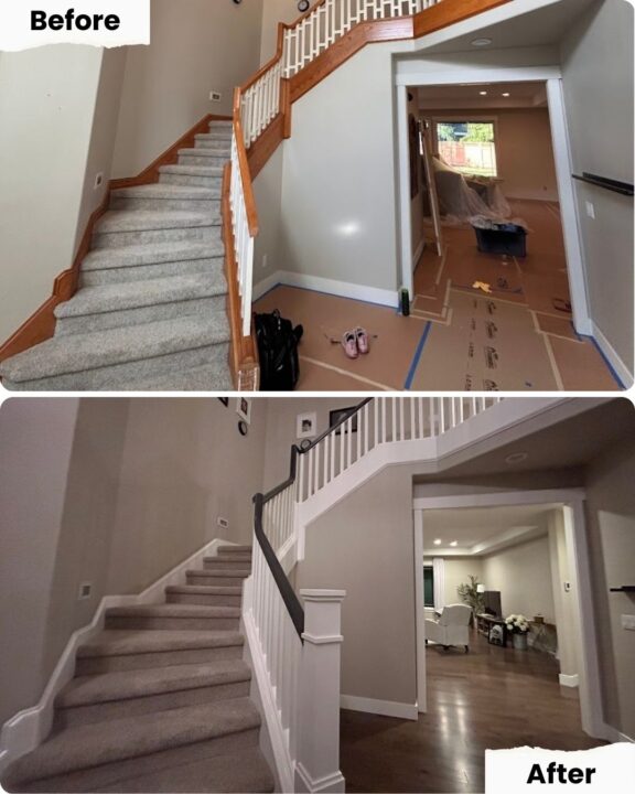 Before and after of stairs in Portland; Pearl Painters completed painting after carpet removal and wood floor installation.