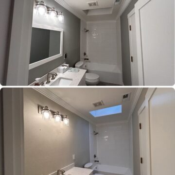 Before and after bathroom photos show Pearl Painters painting gray walls a lighter shade in Portland; fixtures and layout unchanged.
