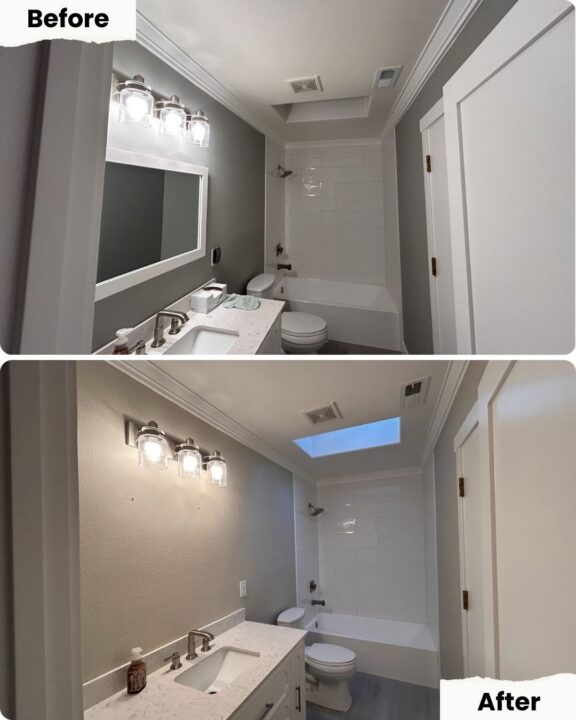 Before and after bathroom photos show Pearl Painters painting gray walls a lighter shade in Portland; fixtures and layout unchanged.