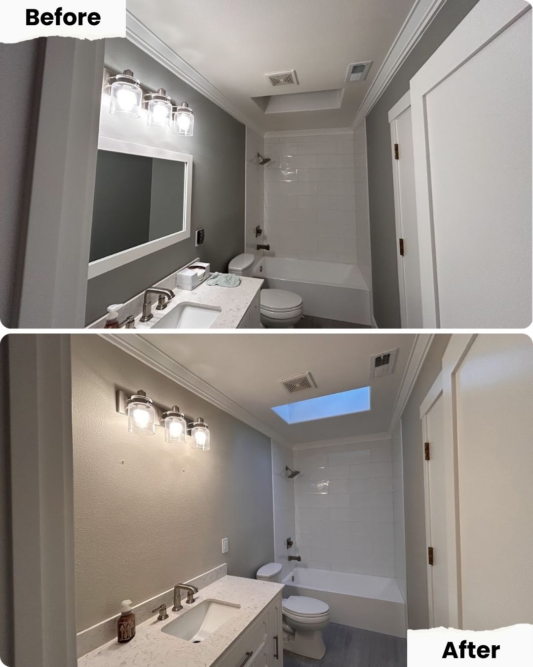 Before and after bathroom photos show Pearl Painters painting gray walls a lighter shade in Portland; fixtures and layout unchanged.