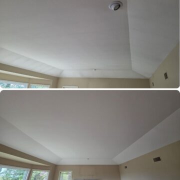 Before-and-after photos show Pearl Painters in Portland smoothing a ceiling; the after shot shows a flat, finished surface.