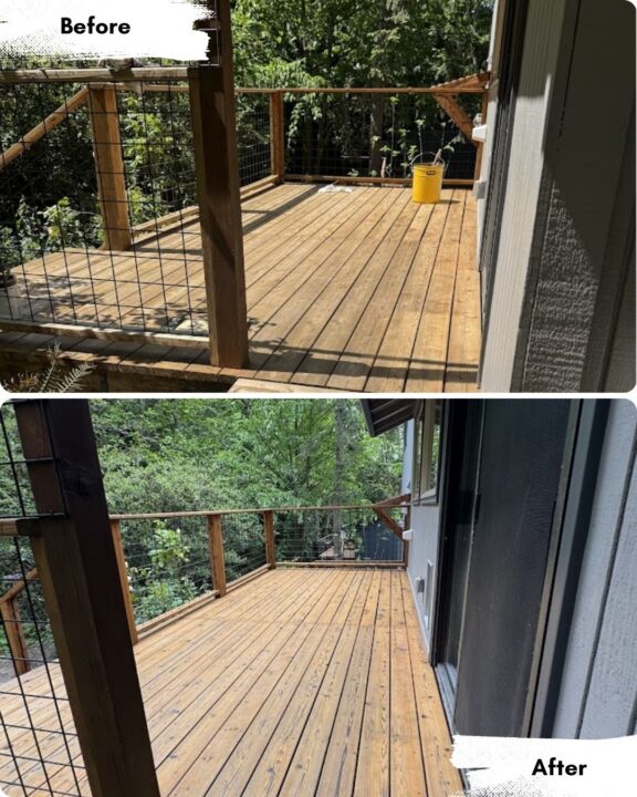 Wooden deck in Portland before and after painting by Pearl Painters: dirty with yellow bucket, then clean and newly stained.