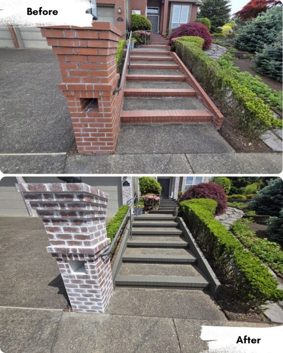 Before and after: red brick steps and pillar in Portland replaced by gray composite steps and white pillar by Pearl Painters.