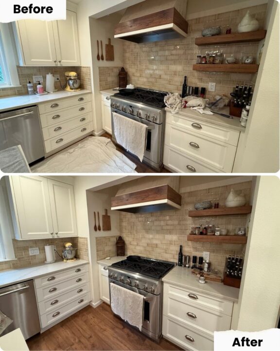 Before and after images of a Portland kitchen floor change from tile to wood; no other updates. Painter: Pearl Painters.