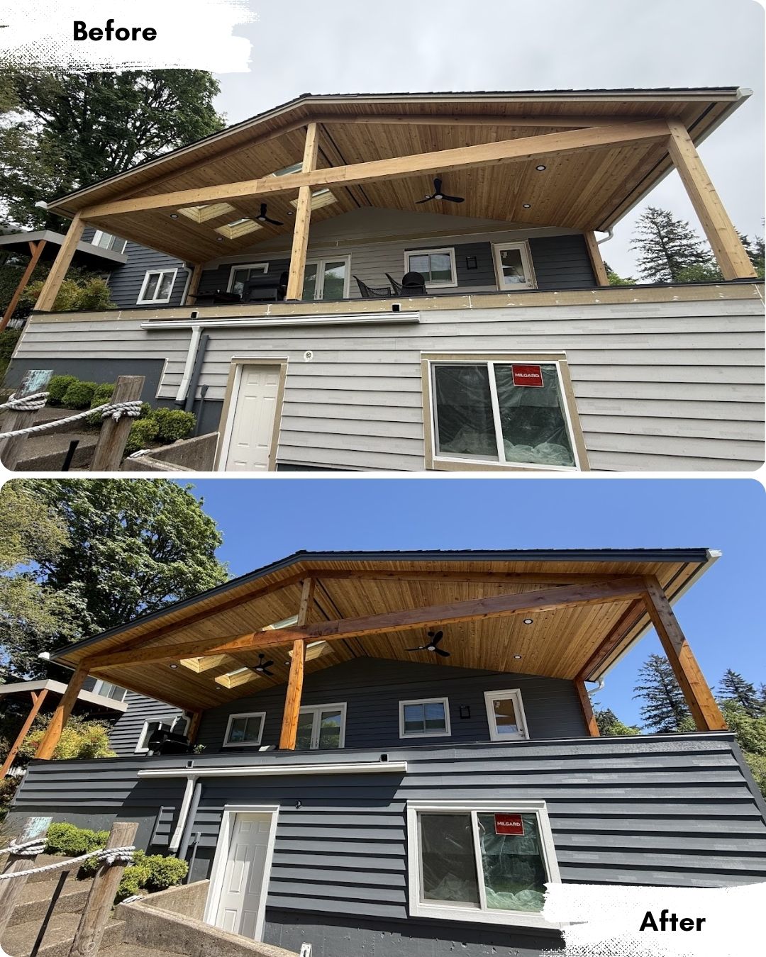 Pearl Painters' painting work in Portland shown in before-and-after images of a house with updated siding and cleaner look.