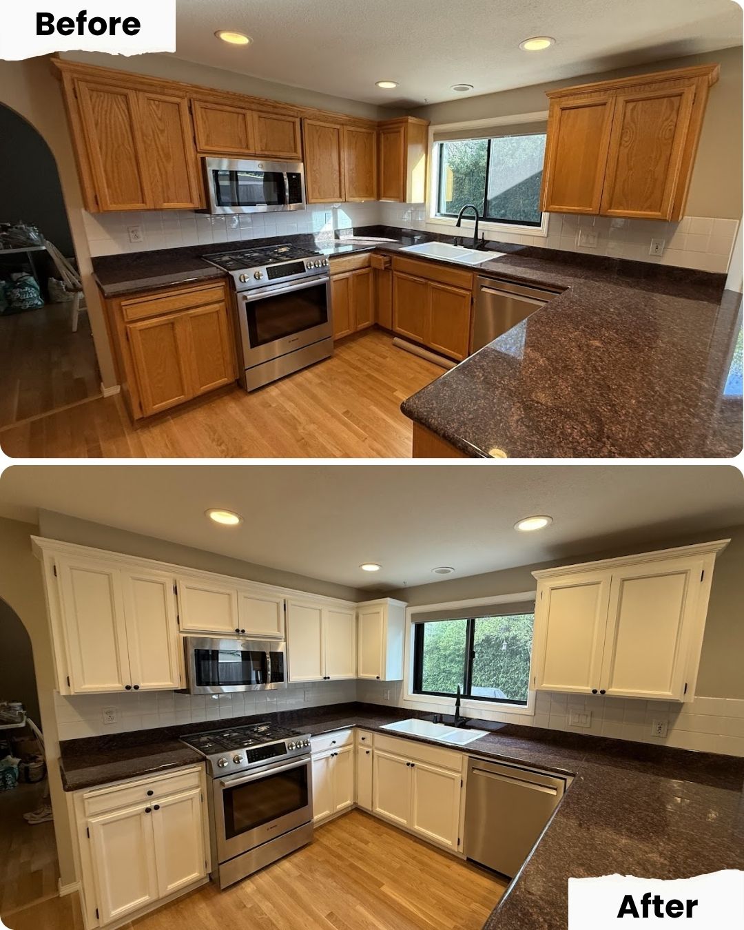 Before and after of kitchen cabinets painted white by Pearl Painters in Portland; countertops and layout stay the same.