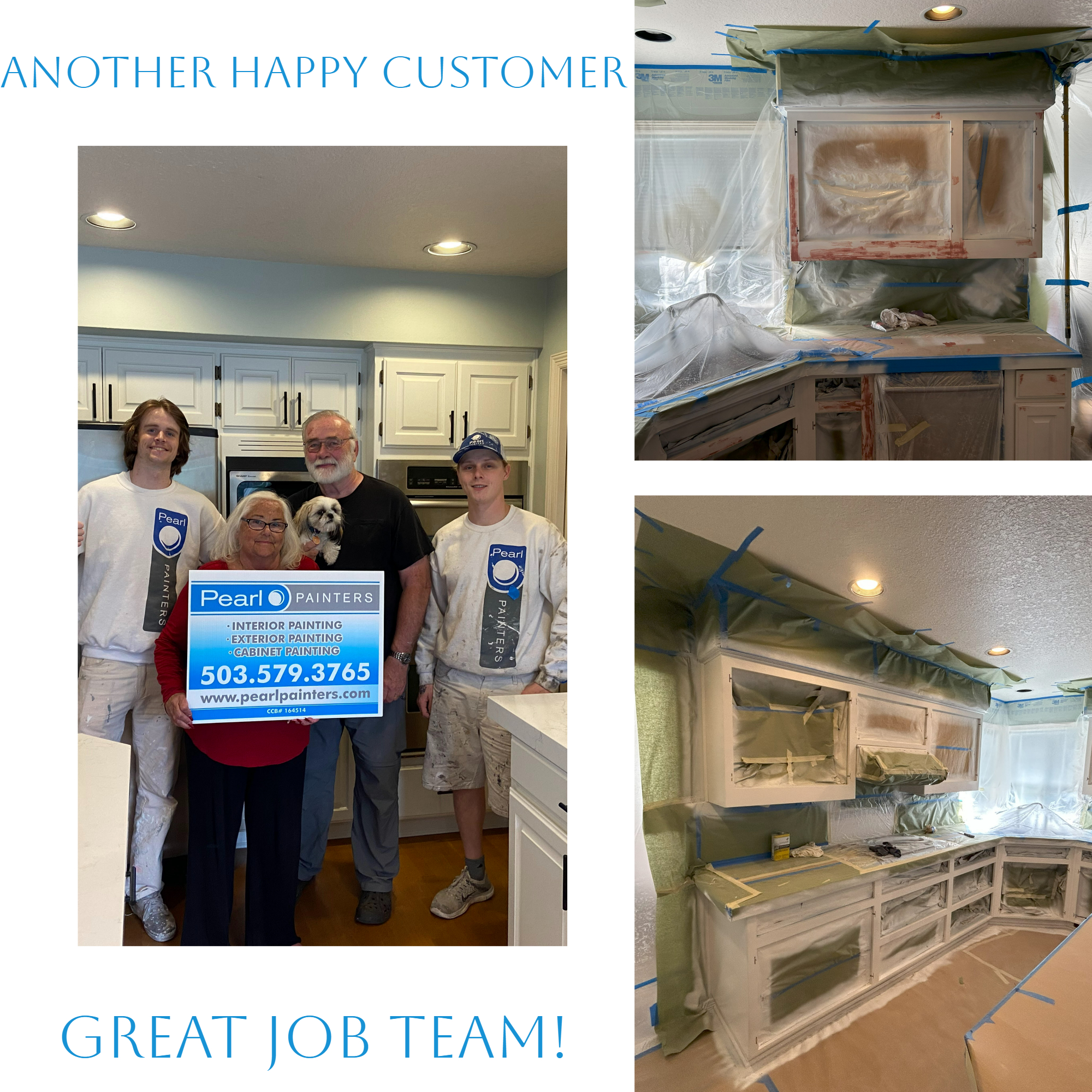 Collage of cabinets painted by Pearl Painters with "thank you, great job team" message