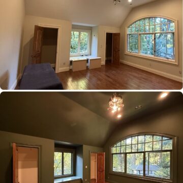 Before and after photos of Pearl Painters painting a Portland room from beige to dark green, including trim and bench.