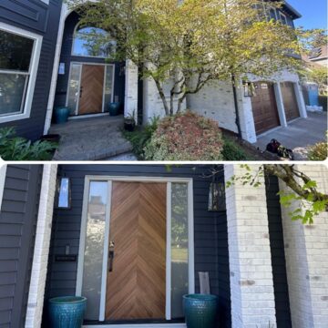 Two April 2026 exterior photos of a modern Trusley house for Portland painter Pearl Painters, showing white brick and dark trim.