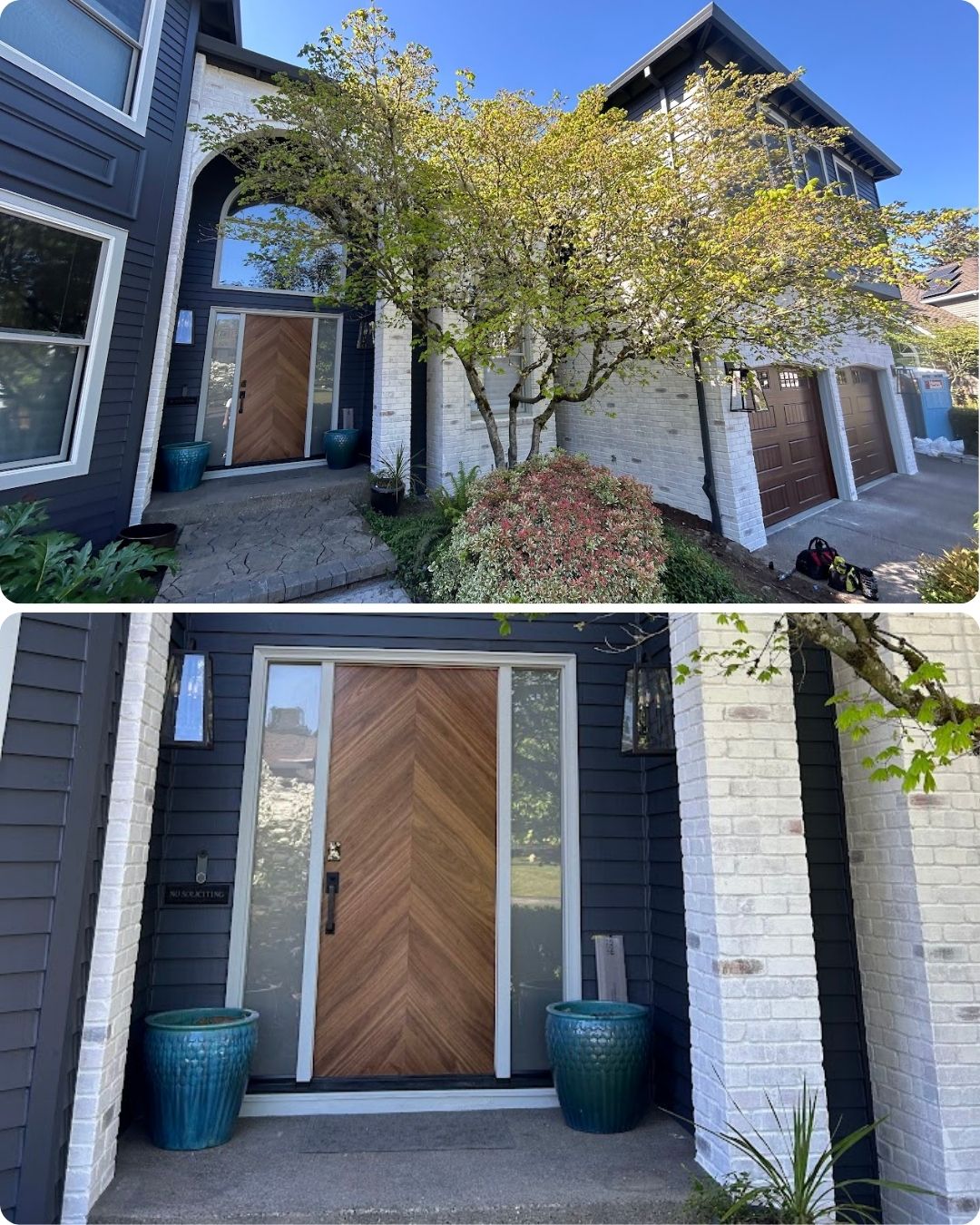 Two April 2026 exterior photos of a modern Trusley house for Portland painter Pearl Painters, showing white brick and dark trim.