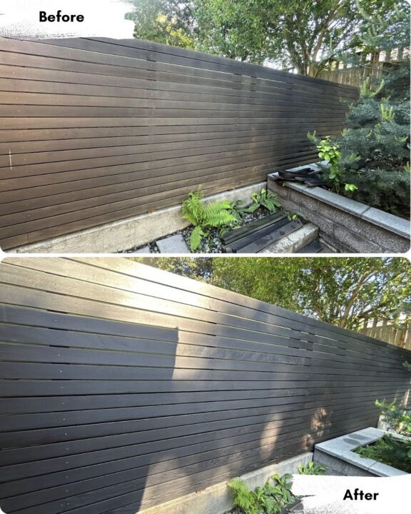 Before-and-after photos of a backyard fence in Portland, showing Pearl Painters’ cleaning and staining work by painters.