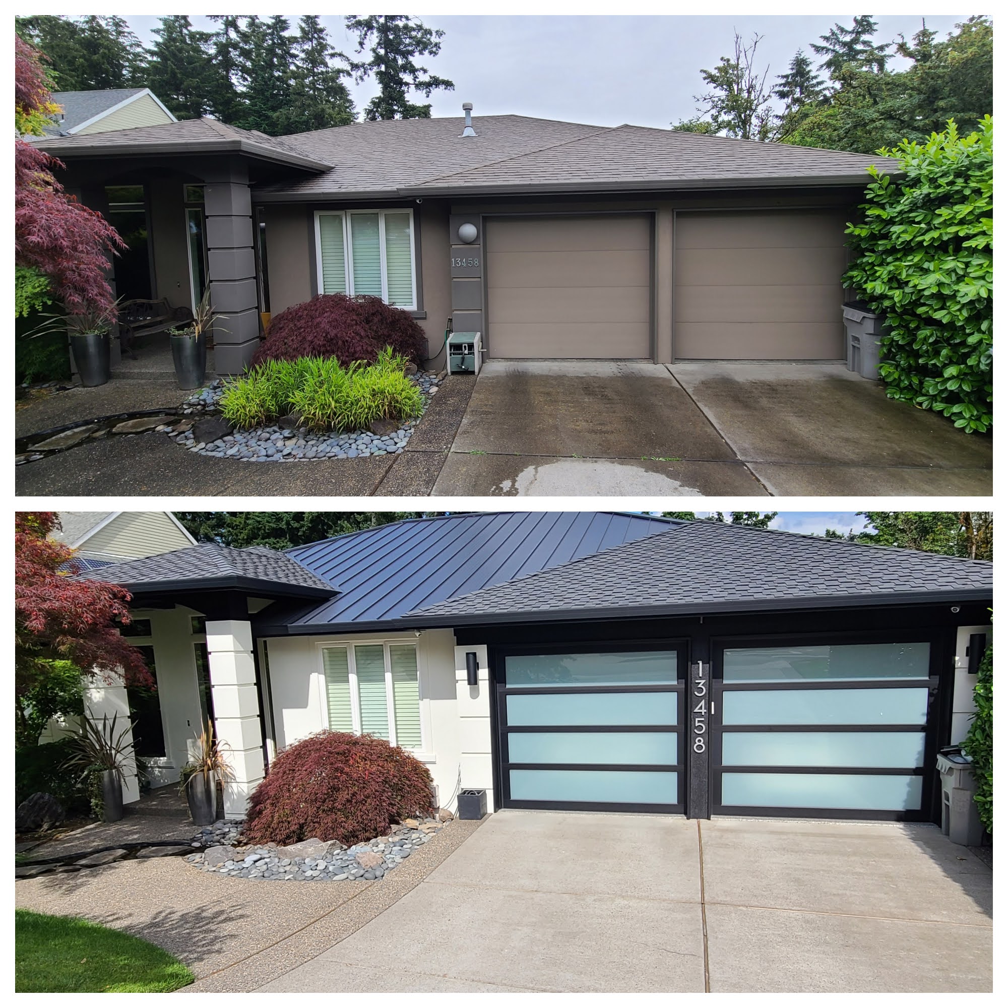Before and after photos of single story home painted in Beaverton