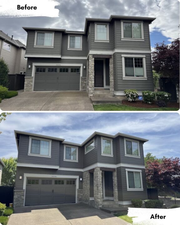 Before and after photos of a house; the after photo shows Pearl Painters in Portland updated the exterior with darker paint and improved landscaping.