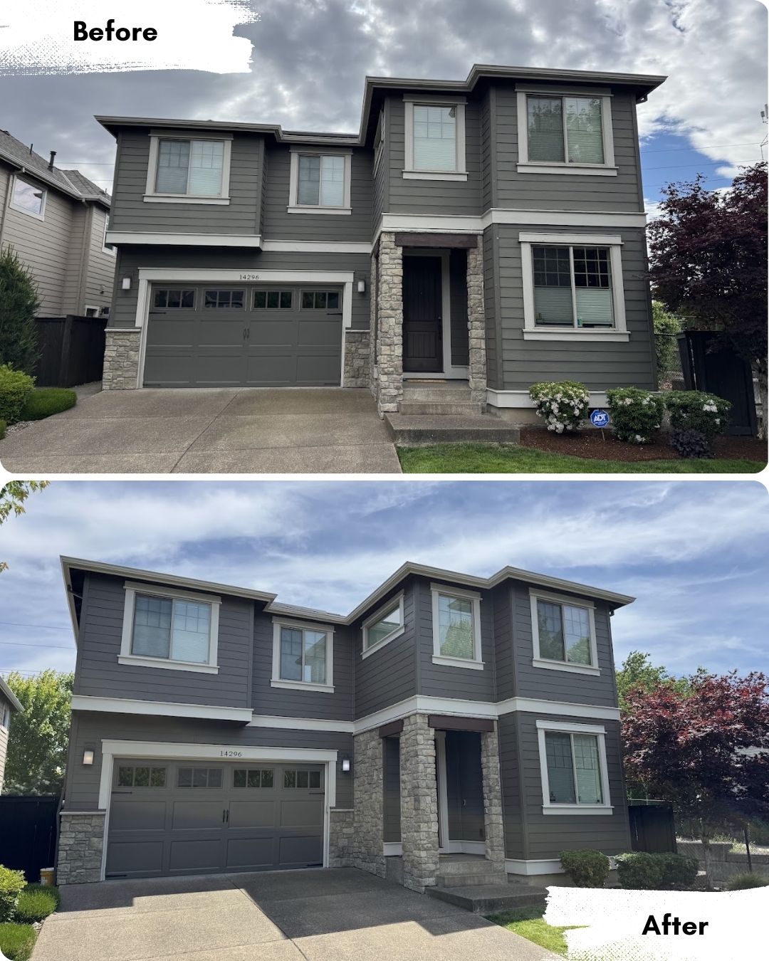 Before and after photos of a house; the after photo shows Pearl Painters in Portland updated the exterior with darker paint and improved landscaping.