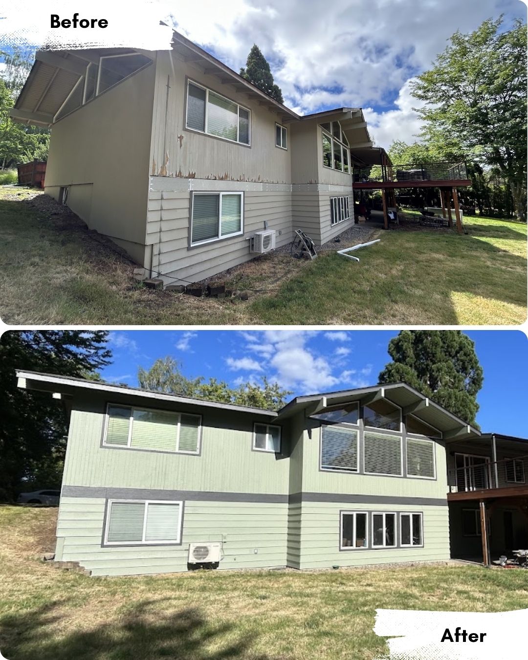 Before: A house in Portland with peeling paint and weathered siding. After: The same house freshly painted by Pearl Painters.