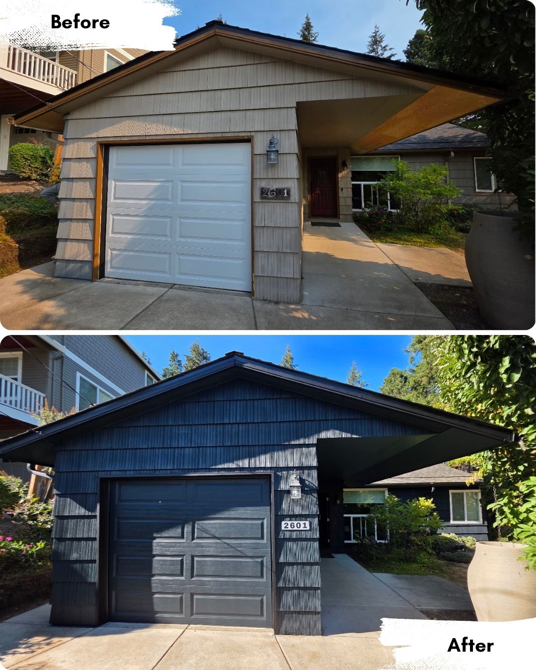 Before and after of a house exterior painting project in Portland by Pearl Painters.