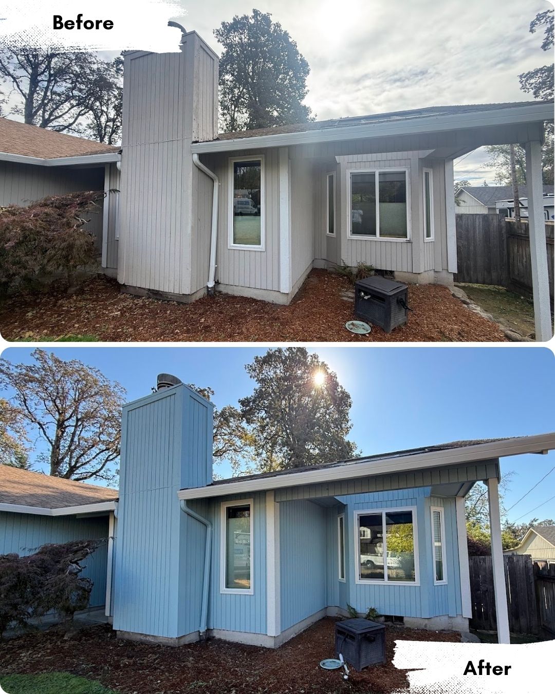 Before and after of a house exterior painted by Pearl Painters in Portland, showing vertical siding changed from grey to blue.