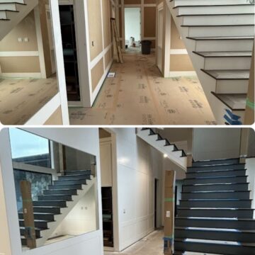 Before: unfinished staircase and walls; after: painting by Pearl Painters in Portland, with white stairs and paneled walls.