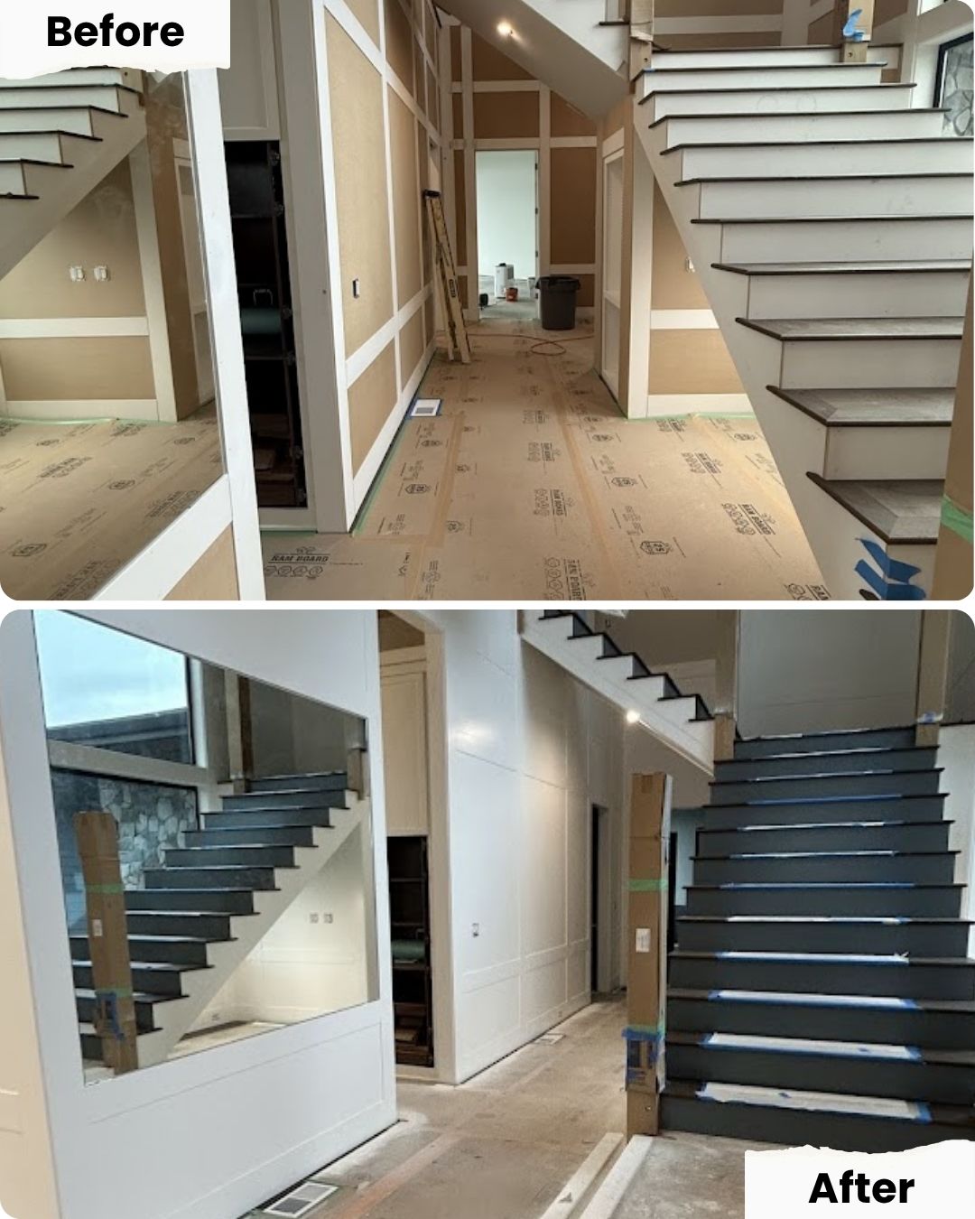 Before: unfinished staircase and walls; after: painting by Pearl Painters in Portland, with white stairs and paneled walls.