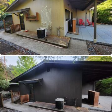Before-and-after of house exterior painted by Pearl Painters in Portland; siding changes from beige to dark gray, fixtures updated.